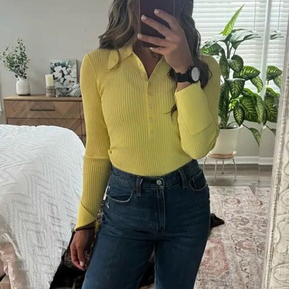 A.L.C. Lemon Yellow Ribbed Polo Sweater XS Bodycon Flared Sleeve Designer $325 - Picture 8 of 13